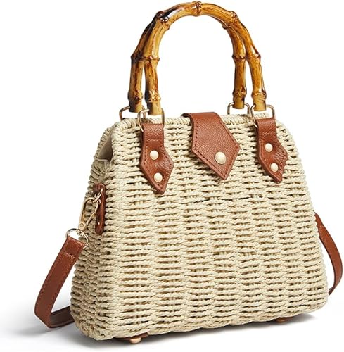Woven Straw Handbag with Bamboo Handle, Brown Leather Trim, Crossbody Strap, Natural